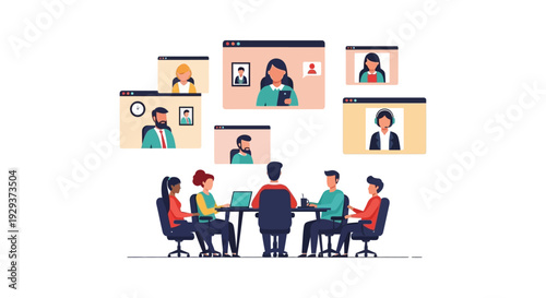 Hybrid Team Meeting: In-Office Collaboration with Remote Participants on Video Call Screens. Modern Business Communication & Digital Workplace.