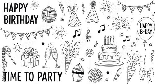 Birthday party celebration collection with cake balloons hats music notes gift box and champagne in cad drawing flat vector illustration design