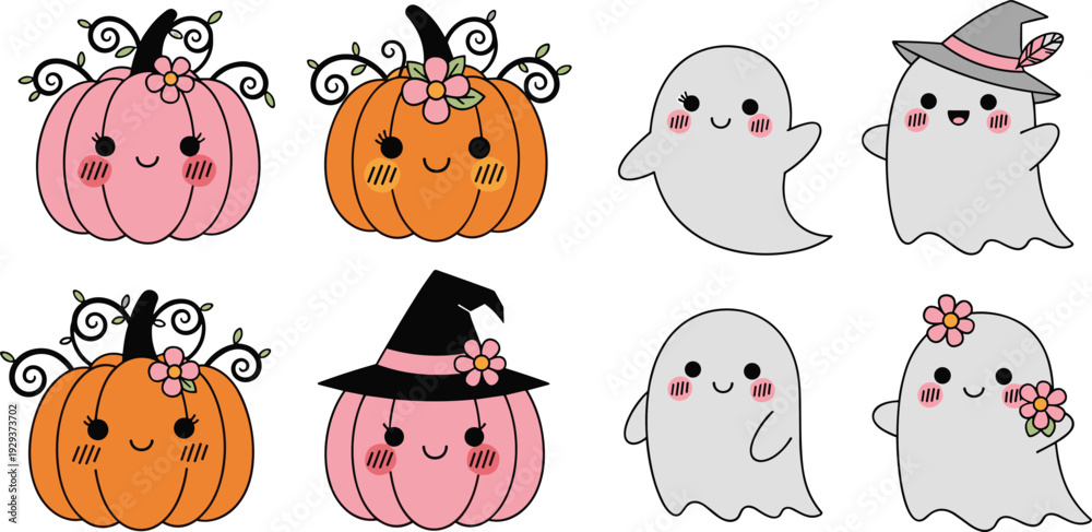 Obraz premium Cute Halloween Pumpkin and Ghost Characters with Floral Decorations, Witch Hat, and Kawaii Style Cartoon Vector Illustration Set