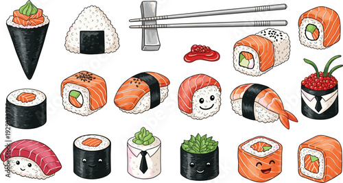 Cute Sushi Vector Set with Colorful Rolls, Sashimi, Nigiri, and Kawaii Faces for Food Illustration, Restaurant Menus, and Graphic Designs