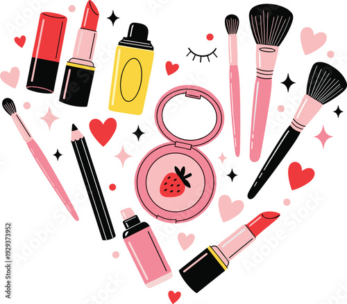 Cute Makeup and Cosmetics Collection with Lipstick, Powder, Brushes and Perfume Romantic Beauty Vector Illustration Set