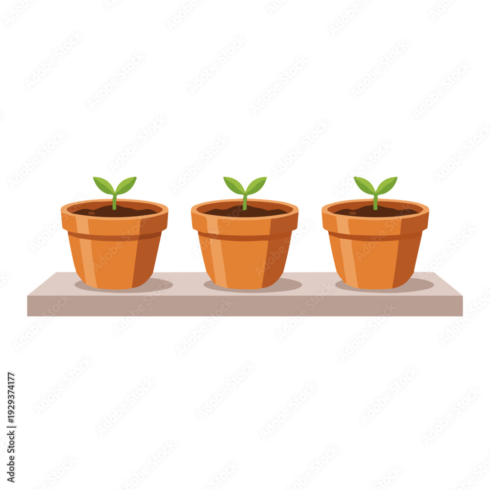 Obraz premium Three potted plants growing on a shelf in a minimalist style with earthy colors