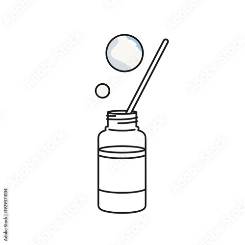 Bubble solution bottle with bubbles and stick, minimalist style, colorful, playful concept