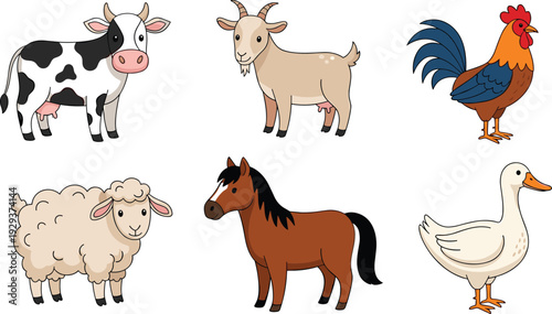 Cute Farm Animals Cartoon Vector Set with Cow Goat Rooster Sheep Horse and Duck Illustration Collection