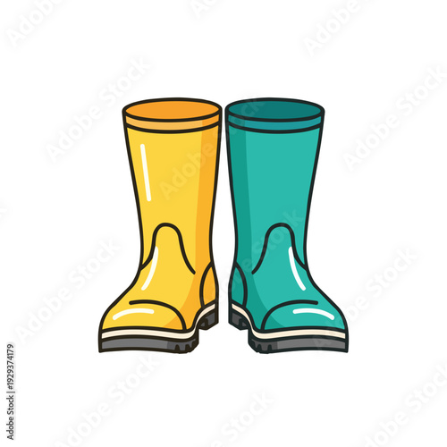Colorful rubber boots illustration, playful style, bright colors, graphic design, copy space