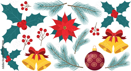 Christmas Holiday Vector Pattern with Poinsettia Bells Pine Branches Holly Berries and Festive Ornaments Illustration