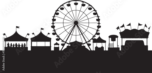 Black silhouette amusement park with ferris wheel and booths