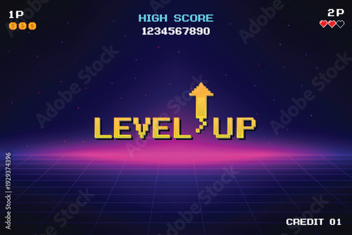LEVEL UP icon pixel art. 8 bit game. retro game. Retro Futurism Sci-Fi Background. glowing neon grid. and stars from vintage arcade computer games