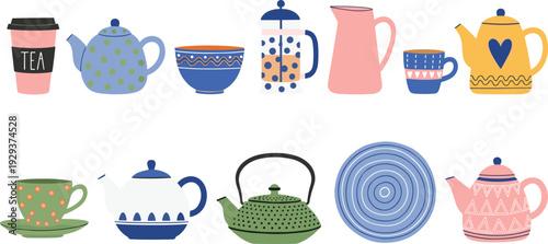 Colorful Tea Time Collection with Teapots, Cups, Mugs and French Press Coffee Maker Vector Illustration Set