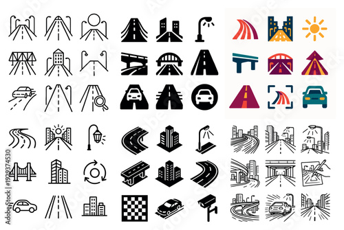 Highway and road icons with vehicle symbols
