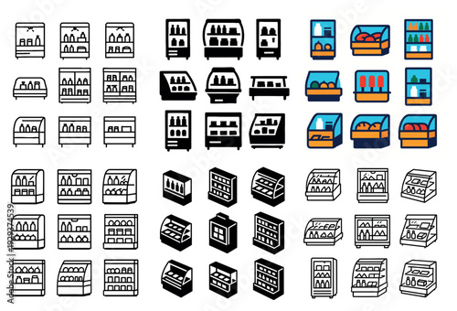 Refrigerated display case and shelf icons.