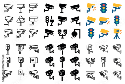 Surveillance cameras appear in various simple silhouettes