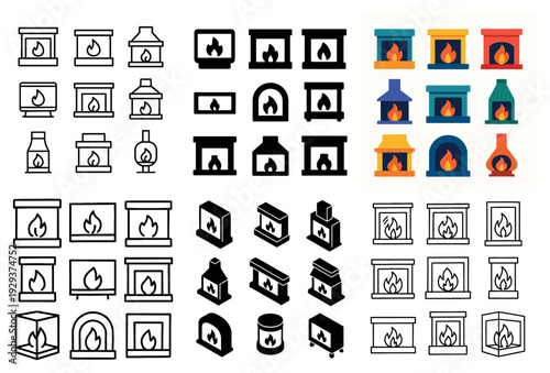 Detailed fireplace and mantel icons in color.