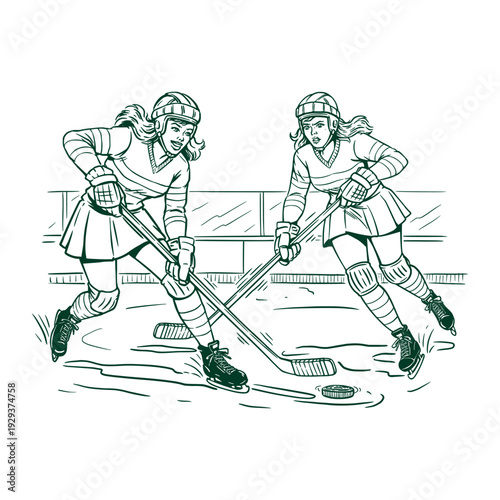 Women Ice Hockey Players in Action – Dynamic Sports Line Art Vector Illustration