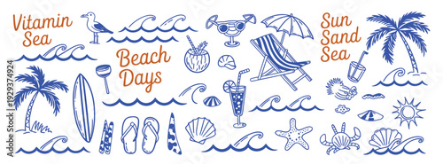 Hand Drawn Beach Themed Vector Set with Summer Doodles, Waves, Palm Trees, Shells, Crabs, Sunglasses and Surfboards, Tropical Vacation Illustration for T Shirt Prints and Creative Projects