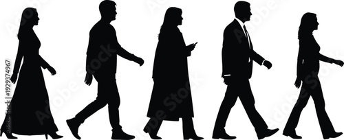 Diverse collection of people silhouettes, men and women walking, business group standing, professional figures gesturing, shaking hands, urban community set, isolated human body shapes, vector.