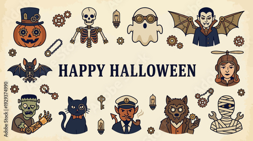 Steampunk Halloween Frame with Classic Monsters and Retro Characters Illustration