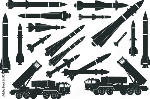 Black silhouette illustrations of missiles, ballistic rockets, cruise missiles, tactical weapons, military launch vehicles, trucks with systems, defense technology, warfare hardware