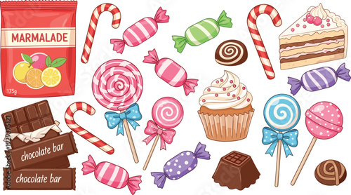 Sweet Treats Set with Lollipops, Candy, Chocolate Bars, Cupcakes, and Cake for Desserts, Confectionery, and Bakery Designs