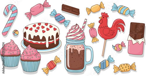 Sweet Candy and Dessert Vector Set with Cupcakes Chocolate Milkshake Lollipop Cake and Colorful Confectionery Illustration