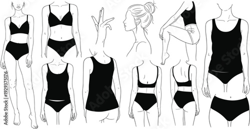 Women's Swimwear and Bikini Design Set, Full-Body Poses, Fashion Illustration for Clothing, Beachwear, and Swimwear Collections