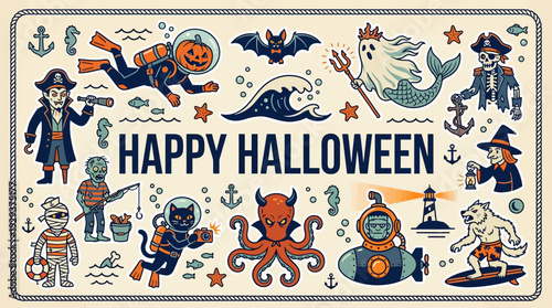 Happy Halloween Retro Ocean Illustration with Spooky Cartoon Characters and Nautical Marine Elements