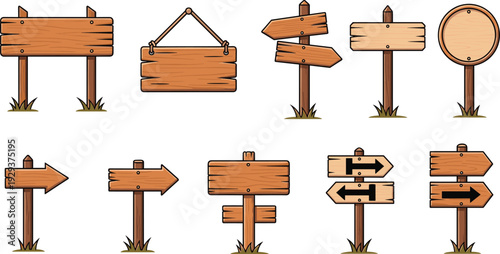 Wooden Signboard Vector Set with Blank Direction Arrows, Rustic Boards, Hanging Signs and Outdoor Wooden Notice Posts