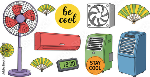 Stay Cool Summer Vector Set with Electric Fan Air Conditioner Portable Cooler Ventilator and Refreshing Quote Illustration