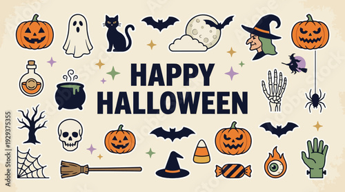 Happy Halloween Banner with Spooky and Cute Cartoon Sticker Icons Collection