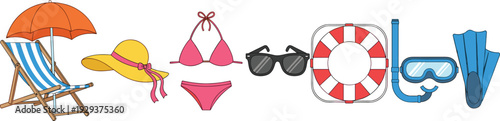 Summer Beach Essentials Set with Umbrella, Sunglasses, Bikini, Life Ring, and Snorkel Equipment for Vacation and Travel