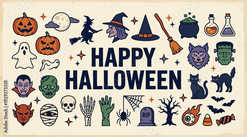 Happy Halloween Banner with Classic Spooky Characters and Vintage Retro Icons - Fun Holiday Illustration for Parties & Events