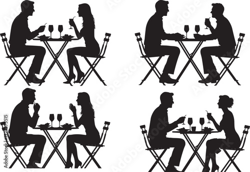 Black silhouette illustrations of people dining, pairs at tables, wine glasses, bottles, folding chairs, social interaction, conversation, casual setting, human connection