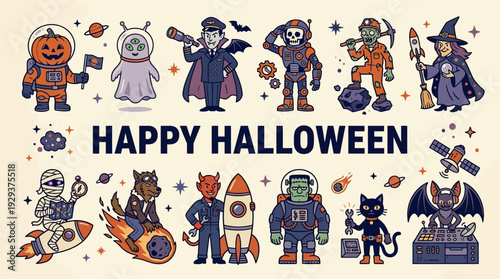 Happy Halloween Retro Space Characters: Fun Astronauts, Witches, Zombies, Aliens & Monsters Illustration