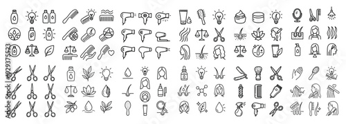 Black outline hair and beauty icons in grid