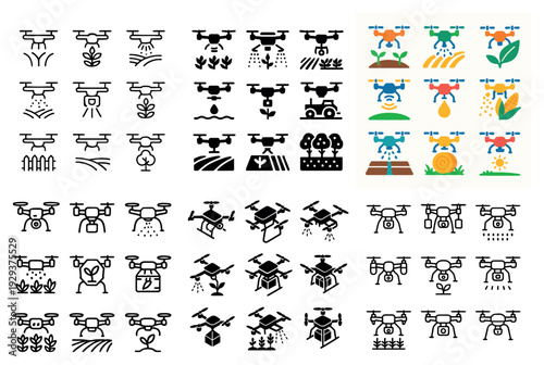 Agricultural drone spraying over crops designs.