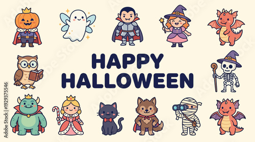 Happy Halloween Cute Cartoon Characters Vector Illustration. Adorable Collection of Costumed Fantasy Figures: Ghost, Vampire, Witch, Pumpkin, Dragon, Skeleton