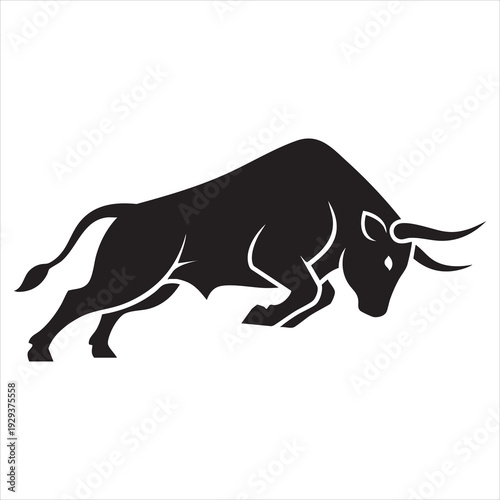 Bull set. Stylized silhouettes of standing in different poses and butting up bulls. Isolated on white background. Bull logo designs set. Vector illustration.