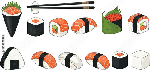 Sushi Rolls, Sashimi, and Nigiri Collection with Salmon, Seaweed, and Wasabi for Food Illustration, Restaurant Menus, and Culinary Designs