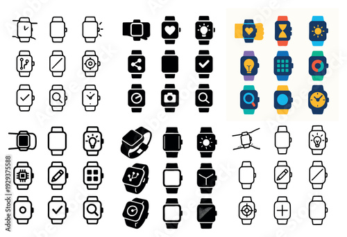 Color and outline smartwatch and wearable icons in rows