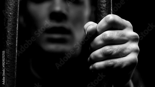 Man gripping prison bars tightly symbolizing incarceration confinement and desperate need for freedom