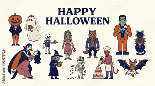 Whimsical Retro Halloween Celebration with Iconic Monsters and "Happy Halloween" Text