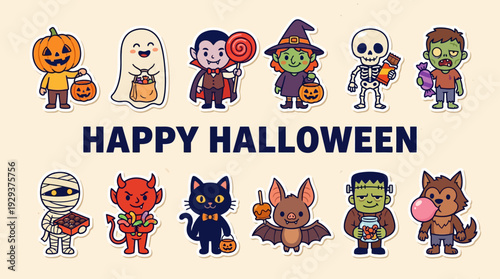 Happy Halloween Cartoon Stickers Collection: Adorable Characters like Pumpkin, Ghost, Vampire, Witch, Zombie, Mummy, Devil, Cat, Bat, Frankenstein, Werewolf