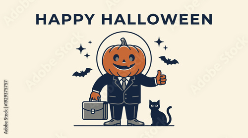 Happy Halloween Pumpkin Head Businessman Giving Thumbs Up with Black Cat and Flying Bats - Festive Business Concept Vector