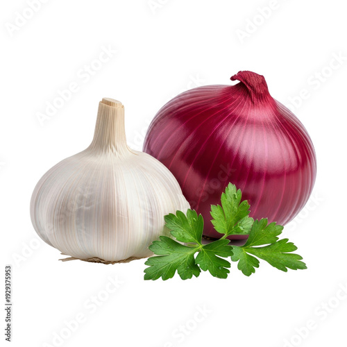 Garlic and red onion with parsley garnish