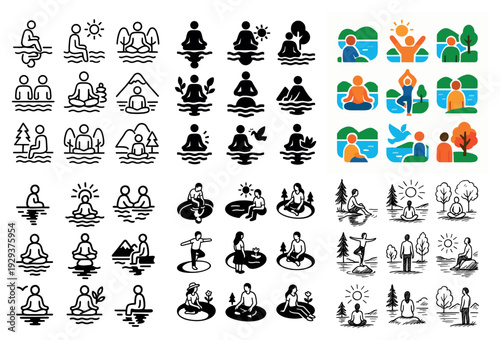 Individual and group meditation scenes by water