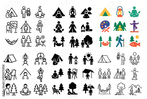 Camping and meditative outdoor activity icon collection