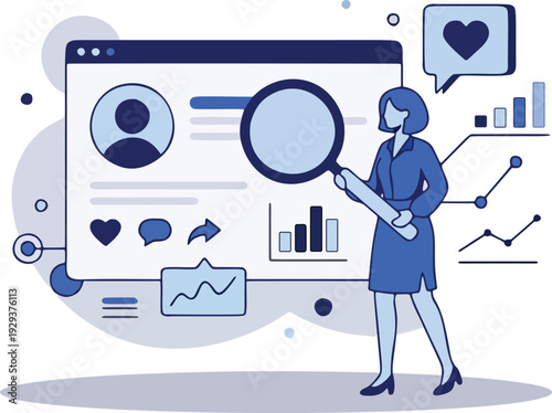 Flat vector illustration of a professional analyzing social media profile data with charts and performance metrics.