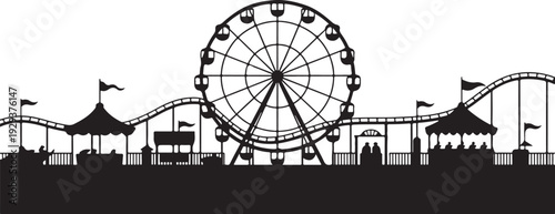 Black silhouette amusement park with ferris wheel and roller coaster