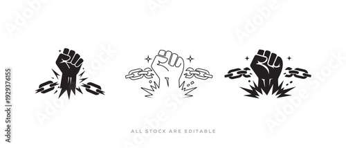 Raised hand  fist Silhouette and line art vector Icon. freedom broken chain, liberation and empowerment symbol icon set. Vector illustration
