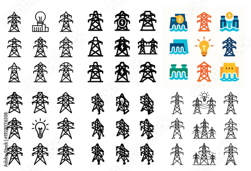 High voltage transmission towers with icons
